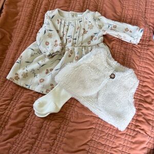 Carter’s Cream and Floral Dress with Tights and Faux Fur Vest
